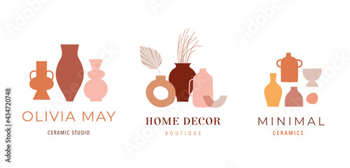 Abstract bohemian art aesthetic logo design. Arrangements of pottery and ceramic pots, vases with dry leafs, plants, flowers. 