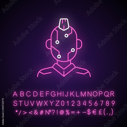 Face microcircuit neon light icon. High tech body augmentation. Cyberpunk movie, sci fi game. Outer glowing effect. Sign with alphabet, numbers and symbols. Vector isolated RGB color illustration