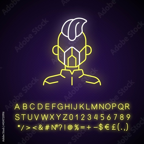 Mask neon light icon. Cyborg man. Person from dystopian future. Cyberpunk movie, sci fi game. Outer glowing effect. Sign with alphabet, numbers and symbols. Vector isolated RGB color illustration