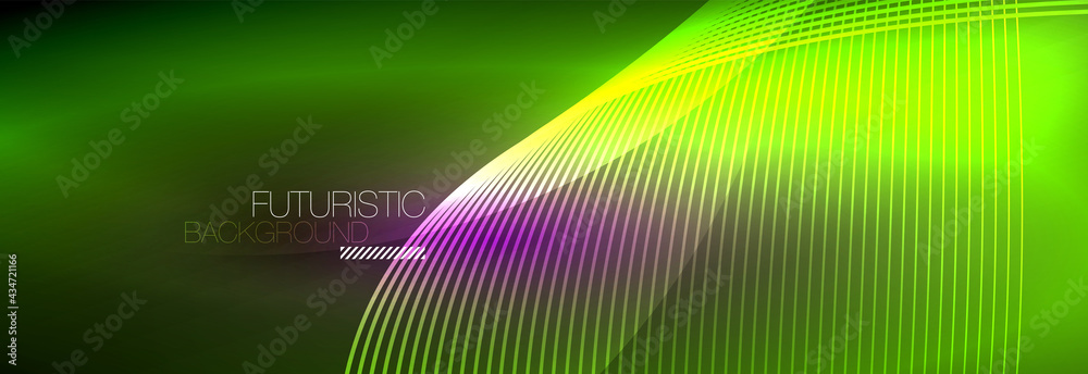 Abstract neon glowing light in the dark with waves. Shiny magic energy and motion concept, vector abstract wallpaper background Abstract neon glowing light in the dark with waves. Shiny magic energy and motion concept, vector abstract wallpaper background