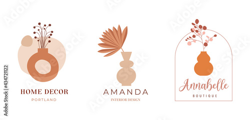 Abstract bohemian art aesthetic logo design. Arrangements of pottery and ceramic pots, vases with dry leafs, plants, flowers. 