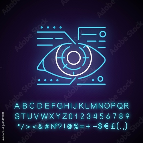 Lens microcircuit neon light icon. Android eye with specs info. Cyberpunk face augmentation. Outer glowing effect. Sign with alphabet, numbers and symbols. Vector isolated RGB color illustration