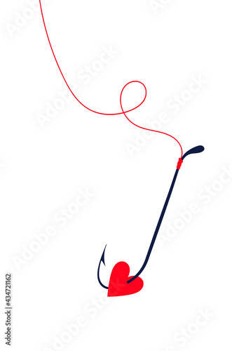 "Love". Fish hook with heart. Love symbol. Card for Valentines Day. Hand drawn vector stock illustration.