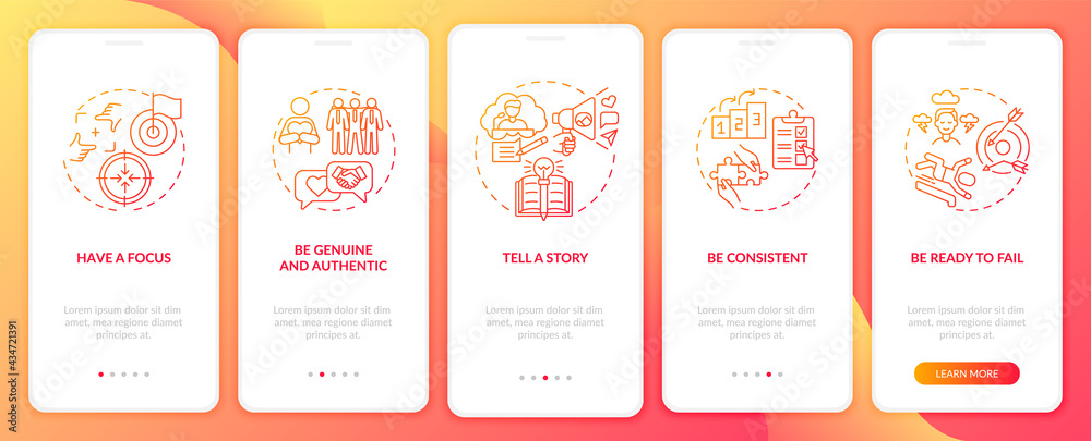 Personal branding rules orange onboarding mobile app page screen with concepts. Brand identity walkthrough 5 steps graphic instructions. UI, UX, GUI vector template with linear color illustrations