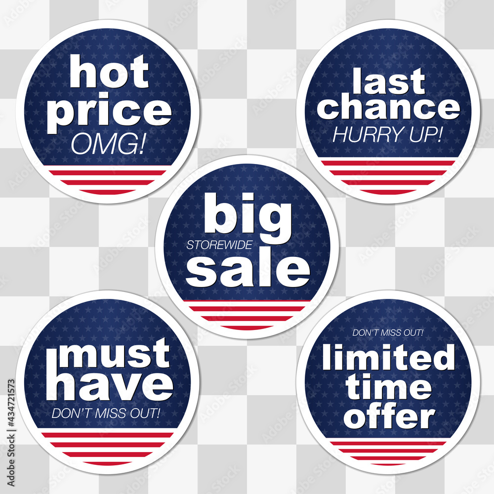 Independence day sale sticker label set for shop, price tag. Red and white stripes design for the 4th of July or Flag Day. Big sale storewide, limited time offer signs on navy background. 