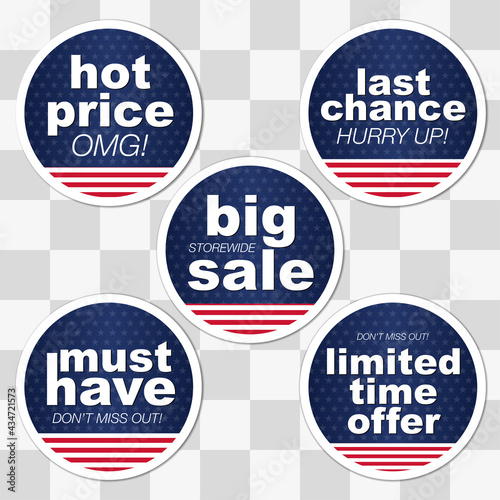 Independence day sale sticker label set for shop, price tag. Red and white stripes design for the 4th of July or Flag Day. Big sale storewide, limited time offer signs on navy background. 