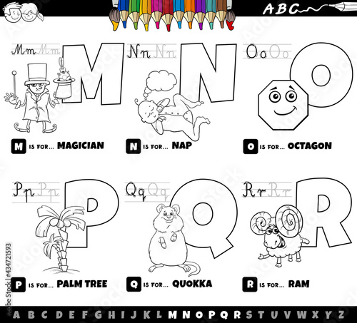 educational cartoon alphabet letters set from M to R color book page