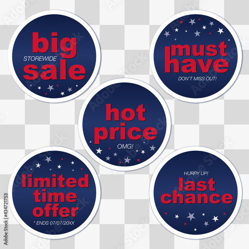 Stars and stripes sale sticker label set. Big sale storewide, limited time offer, hot price signs on navy background. Navy, blue, red, white flag inspired decoration for the American Independence day.