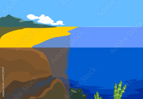 Split level seascape landscape with yellow sand and blue water