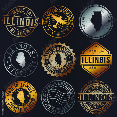 Illinois, USA Business Metal Stamps. Gold Made In Product Seal. National Logo Icon. Symbol Design Insignia Country.