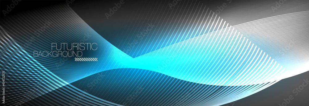 Abstract neon glowing light in the dark with waves. Shiny magic energy and motion concept, vector abstract wallpaper background Abstract neon glowing light in the dark with waves. Shiny magic energy and motion concept, vector abstract wallpaper background
