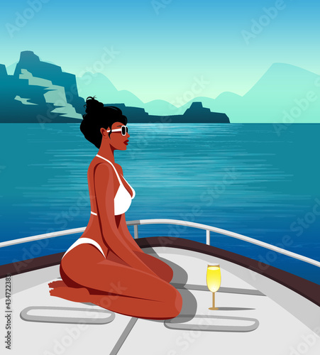 Digital illustration Beautiful girl in summer vacation sunbathing with a glass of champagne on a yacht cruise in the ocean