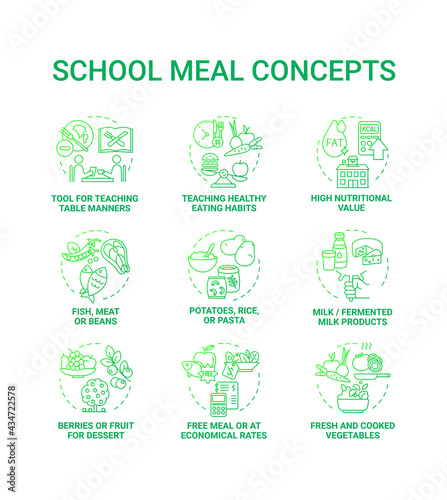 School meal concept icons set. Creating school eating plan full of nutritions and vitamins. Healthy foods preparing idea thin line RGB color illustrations. Vector isolated outline drawings