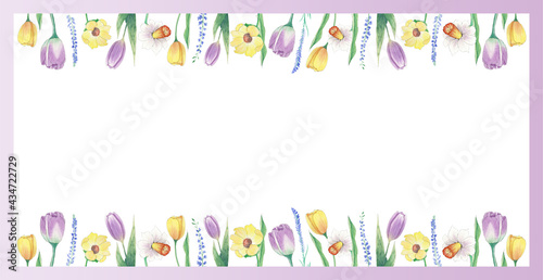 Aquarelle floral copy space frame with flowers. Watercolor hand painted square greeting card for wedding, easter, birthday, holidays. Frame different flowers.