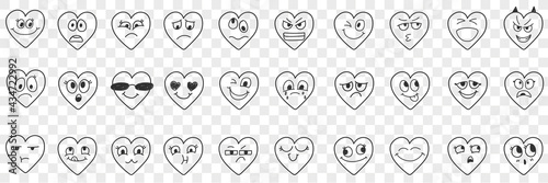 Heart facial expressions doodle set. Collection of hand drawn various happy and sad expressions on hearts face in rows isolated on transparent background 