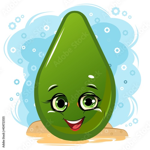 Avocado cheerful smile. Juicy red fruit with a muzzle. Cartoon style. Isolated over white background. Vector illustration. Bright summer composition.