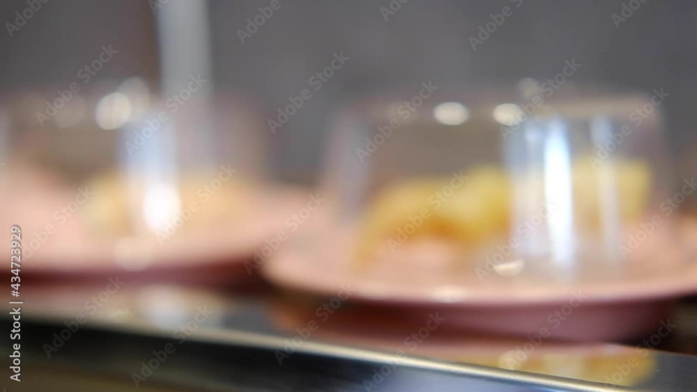 Blurred movement of dishes of sushi and sashimi rolling on conveyor belt. Food options on a rotating belt Blurred movement of dishes of sushi and sashimi rolling on conveyor belt. Food options on a rotating belt