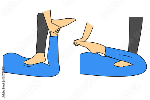 Massage. Yumeiho therapy. Instructions for performing massage techniques, kneading and stretching the thigh muscles. Simple vector illustration for physical therapy guidelines, websites and prints.