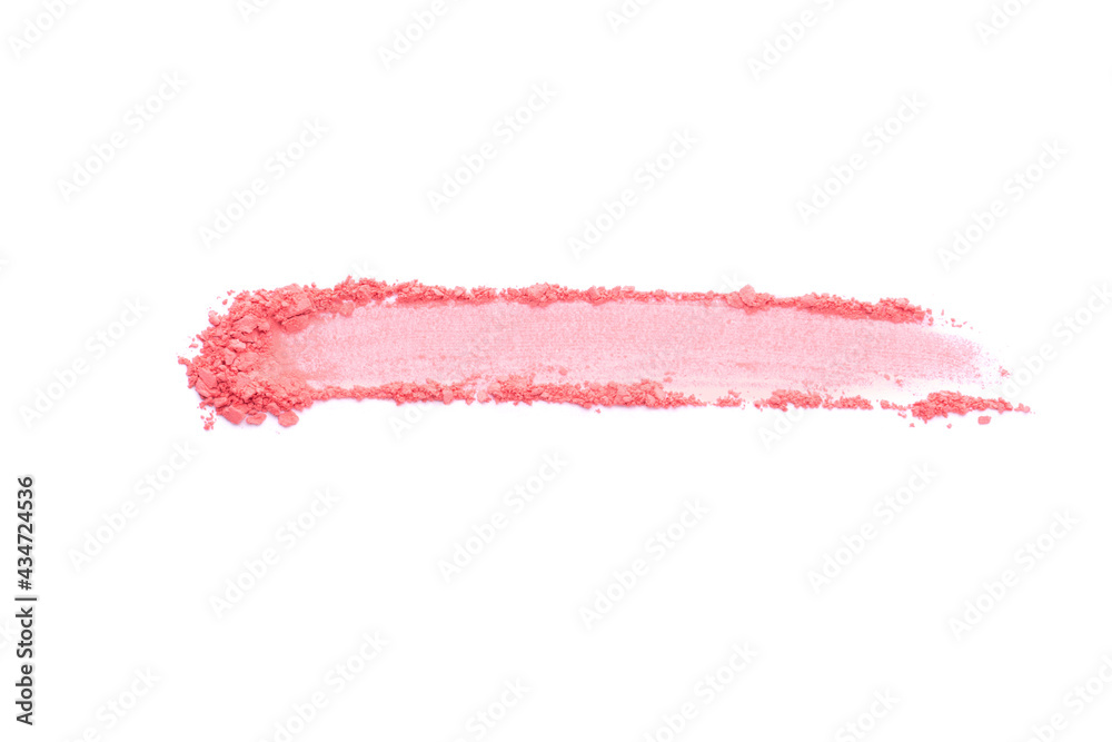 Crushed pink coral eyeshadow swatch isolated on white background. Sample of beauty make up cosmetics texture products. - obrazy, fototapety, plakaty 