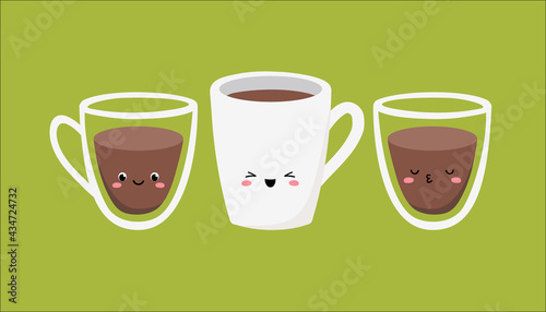 A set of three cups and glasses with hot drinks - tea, coffee, cappuccino, latte. Cute character. Vector illustration. Image of joyful emotions.