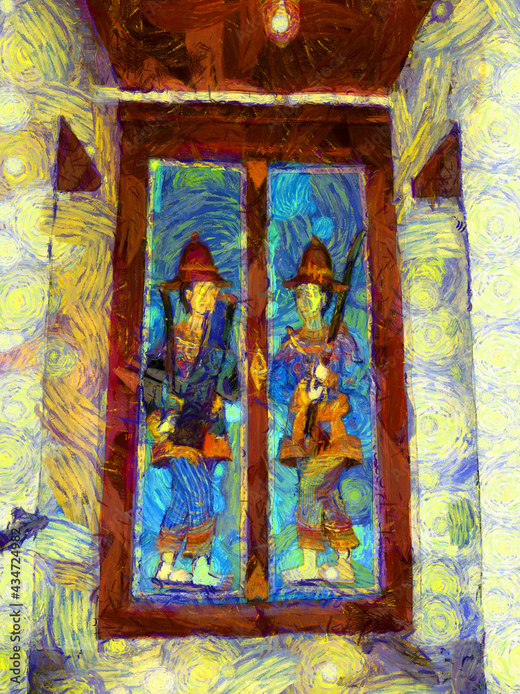 Ancient wooden doors carved into guards Illustrations creates an impressionist style of painting.