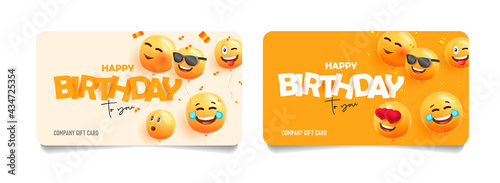 Set of company greeting cards for Birthday with yellow smiling faces as 3d balloons, happy and laughing expressions