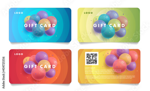 Set of gift voucher cards with illustration of 3d round shaped balloons in a bunch in different colors