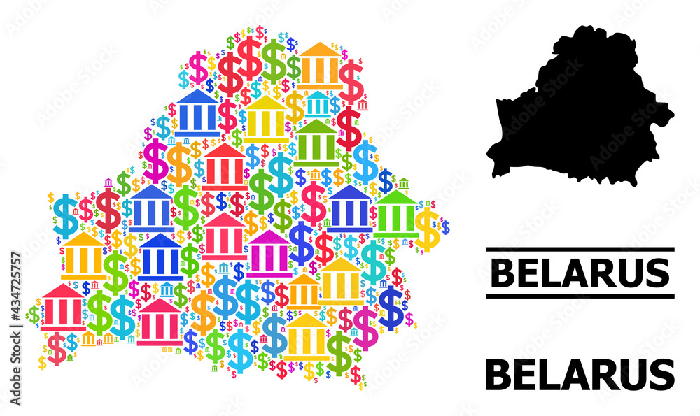 Bright colored bank and dollar mosaic and solid map of Belarus. Map of Belarus vector mosaic for GDP campaigns and doctrines. Map of Belarus is created with bright colored dollar and bank parts.