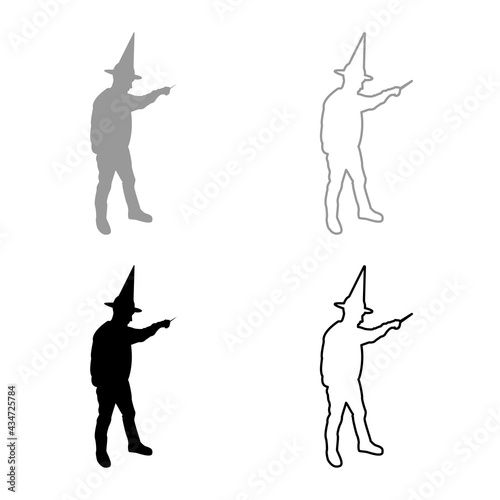 Wizard holds magic wand trick Waving Sorcery concept Magician Sorcerer Fantasy person Warlock man in robe with magical stick Witchcraft in hat mantle Mage conjure Mystery idea Enchantment silhouette 