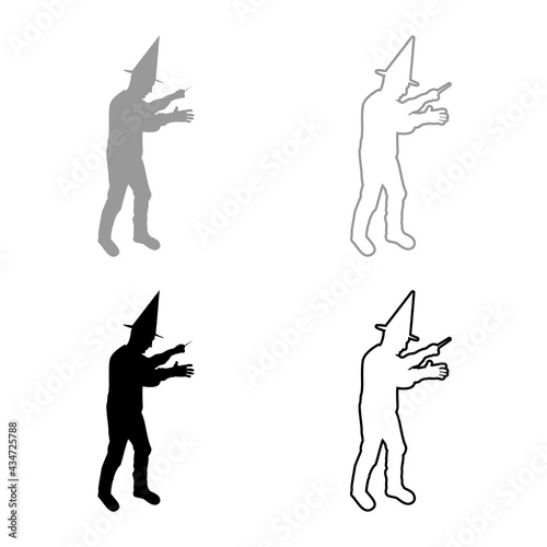 Wizard holds magic wand trick Waving Sorcery concept Magician Sorcerer Fantasy person Warlock man in robe with magical stick Witchcraft in hat mantle Mage conjure Mystery idea Enchantment silhouette 