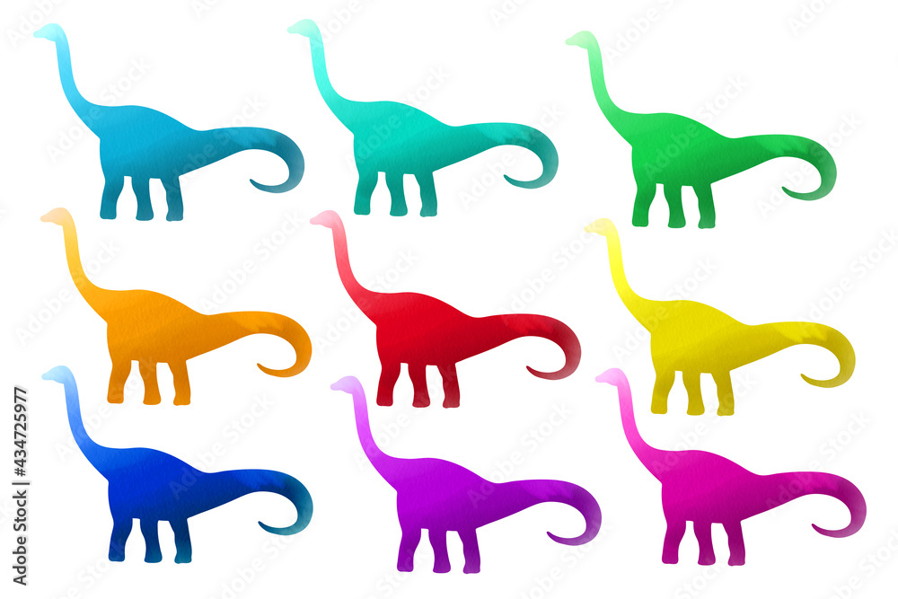 Colorful baby dinosaurs silhouettes set. Sublimation backgrounds pack on white background