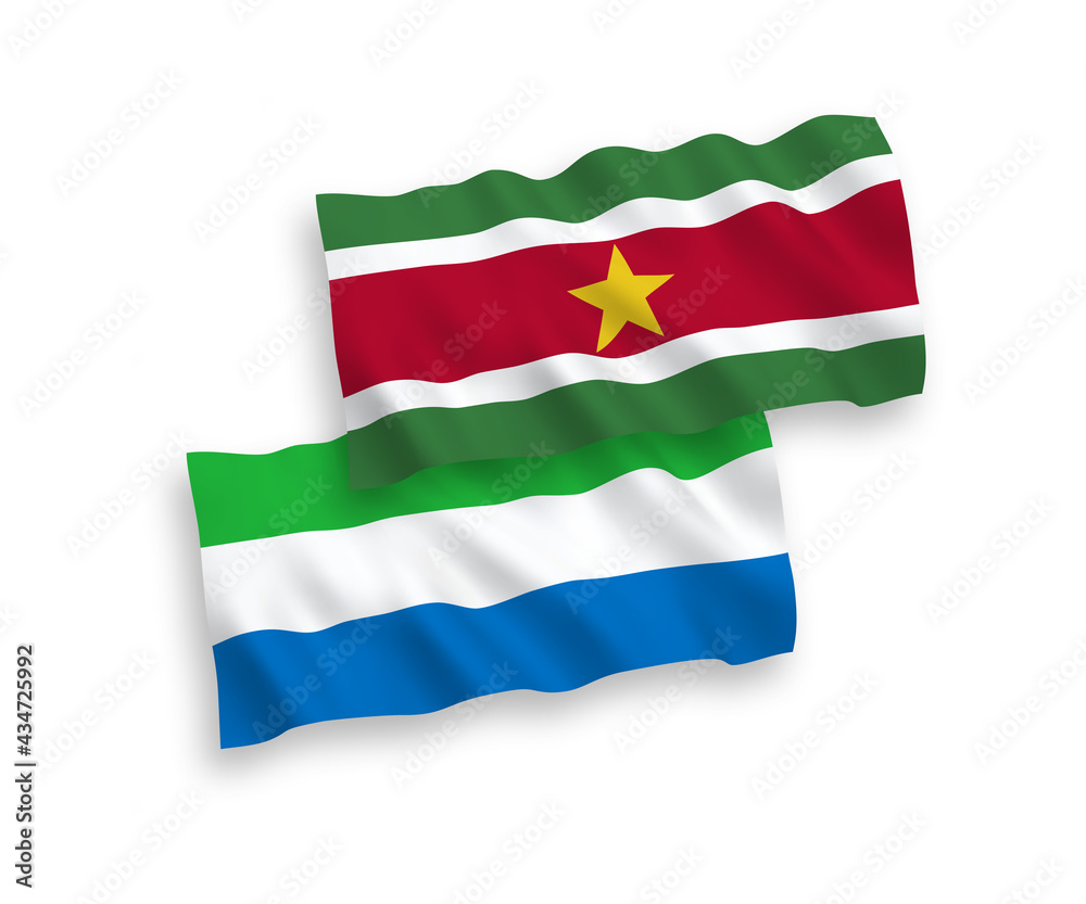 National vector fabric wave flags of Republic of Suriname and Sierra Leone isolated on white background. 1 to 2 proportion.