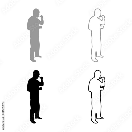 Man trying food from spoon standing Tasting concept Gourmet tries dish Chef trying silhouette grey black color vector illustration solid outline style image