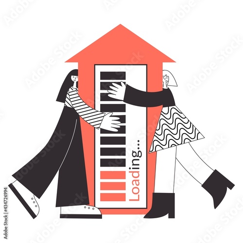 Two happy lgbtq women own a house with mortgage loan and have to pay rate. Own real estate property for gay family concept vector flat isolated illustration.