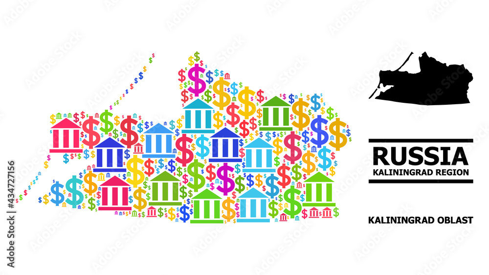 Bright colored bank and money mosaic and solid map of Kaliningrad Region. Map of Kaliningrad Region vector mosaic for business campaigns and agitprop.