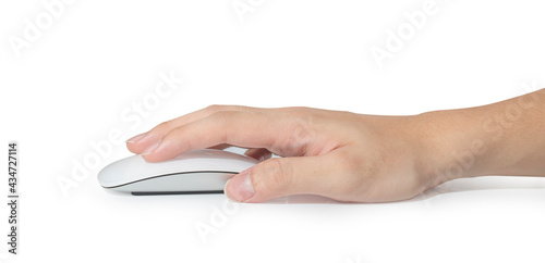 a hand using white wireless mouse isolated on white background
