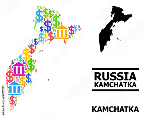 Colorful financial and dollar mosaic and solid map of Kamchatka Peninsula. Map of Kamchatka Peninsula vector mosaic for advertisement campaigns and projects.