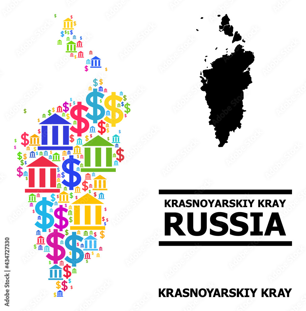 Bright colored bank and economics mosaic and solid map of Krasnoyarskiy Kray. Map of Krasnoyarskiy Kray vector mosaic for advertisement campaigns and propaganda.