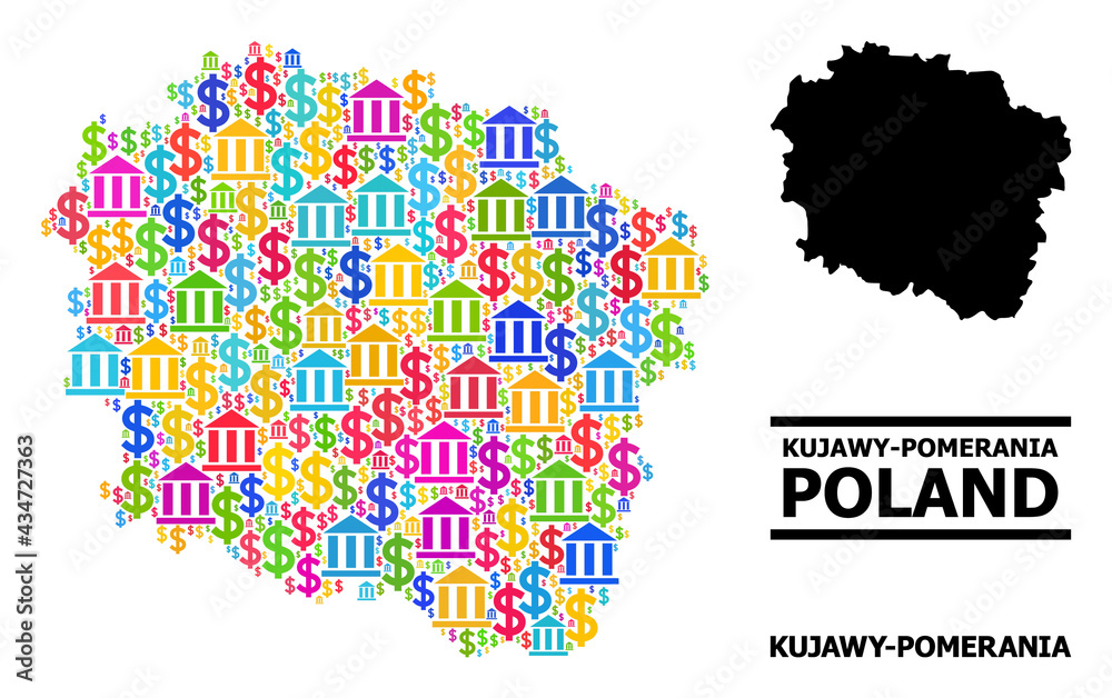 Colored bank and economics mosaic and solid map of Kujawy-Pomerania Province. Map of Kujawy-Pomerania Province vector mosaic for GDP campaigns and applications.