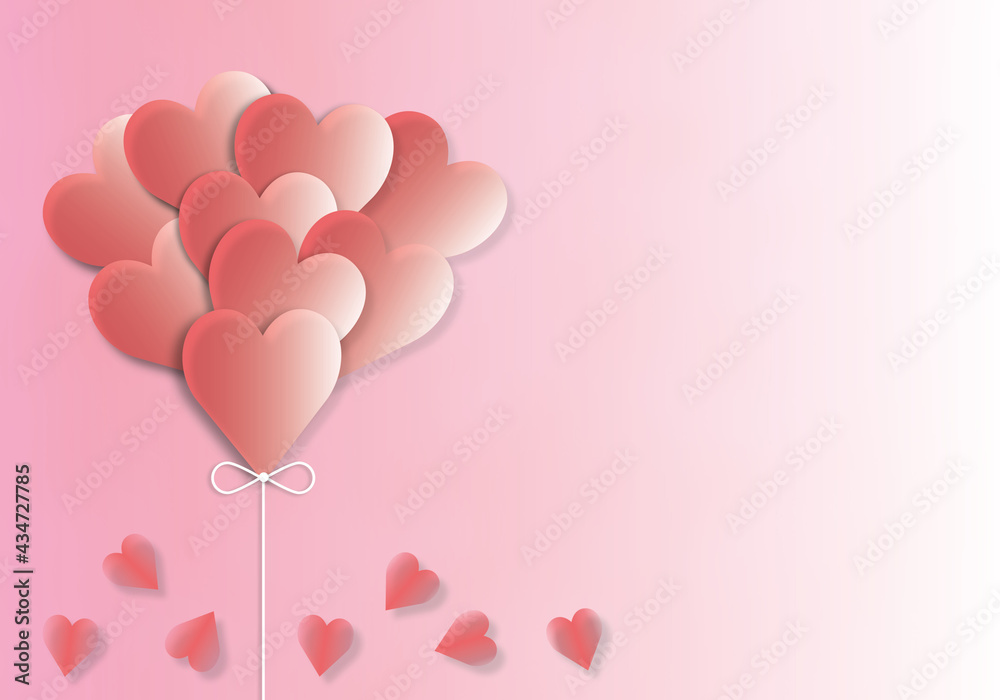 Red heart shaped balloons on pastel pink background, Love concept, Father’s day, Mothers, Women, Man, Valentines, Birthday, Wedding, poster, card, banner, space for the text, paper cut style.