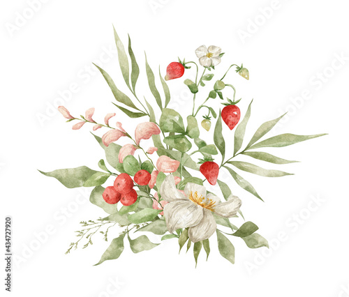 Watercolor bouquet with flower, strawberries, leaves, branches. Summer blossom nature. Floral aesthetic composition, floral arrangements, delicate rustic herbs