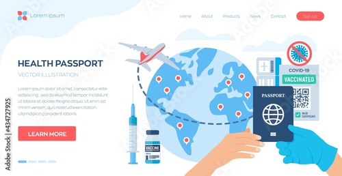 The tourist receives a Immunity passport and immunization record document for travel. COVID-19 coronavirus vaccination certificate or health passport for international travelling. Vector illustration.