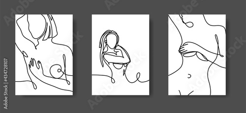 Naked woman body wall line art set. Minimalistic black lines drawing. Female figure one continuous line vector Illustration. Nude body artwork