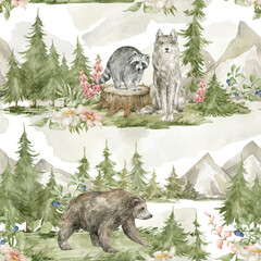 Fototapete Waldtiermuster Wildtiere und Berge im Wald  © Kate K.