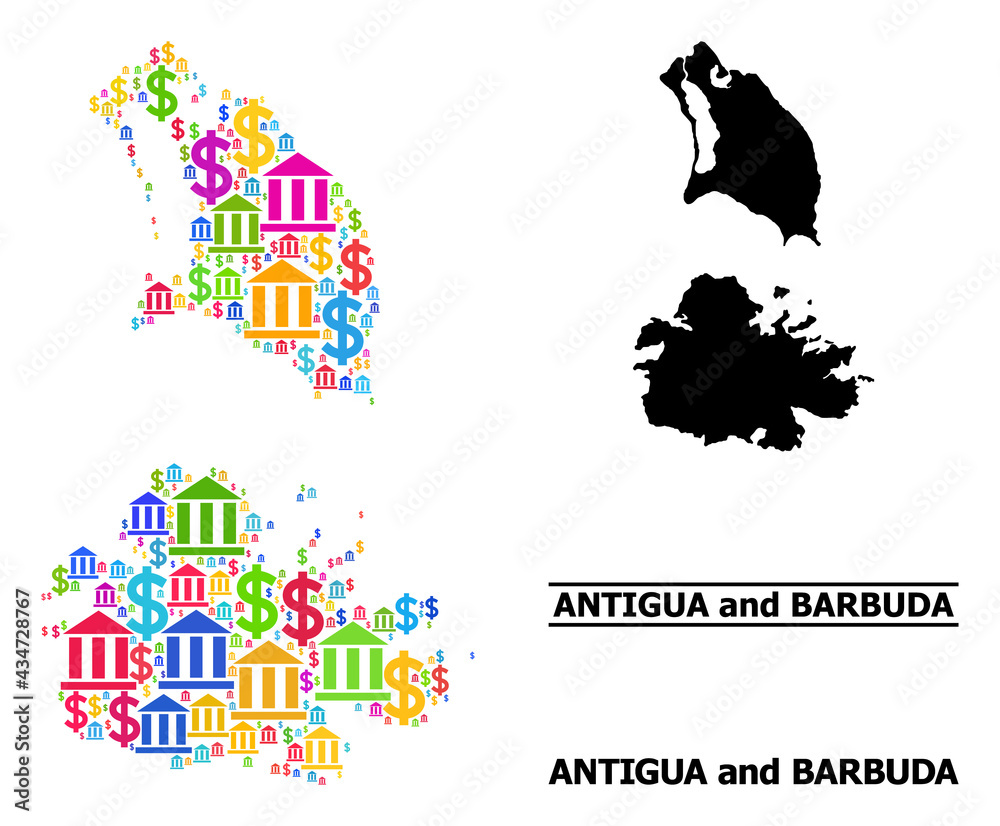 Bright colored finance and business mosaic and solid map of Antigua and Barbuda. Map of Antigua and Barbuda vector mosaic for business campaigns and purposes.