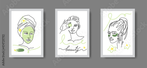 Asian skin whitening conceptual art illustration. Spa, cosmetology cabinet decor. Woman face line art vector portrait for wall decor. Face mask, eye patches with cucumber