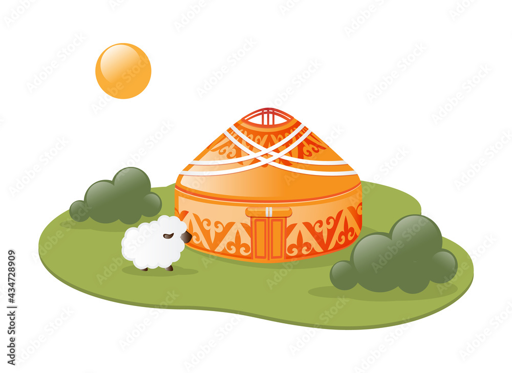 Fototapeta premium Yurt in the spring pasture, vector illustration landscape