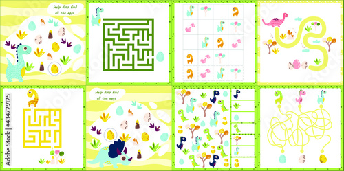 Mini games collections with dino for development. I spy. Maze. Colorful vector illustration in flat style. Dinosaur