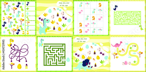 Mini games collections with dino for development. I spy. Maze. Colorful vector illustration in flat style. Dinosaur