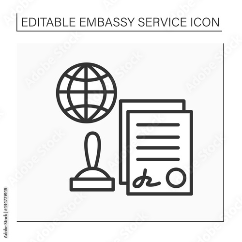 Notarial services line icon. Certified by notary public.Sign agreement. Appointed document with seal. Embassy service concept. Isolated vector illustration. Editable stroke photo